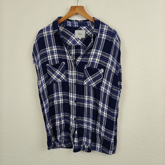Rails Britt Midnight Cobalt Blue Plaid Rolled Short Sleeve Button Up Shirt LG - Picture 2 of 10